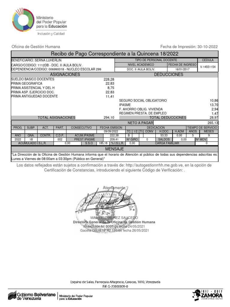 Recibo de Pago Quincena 18/2022 Docente | PDF