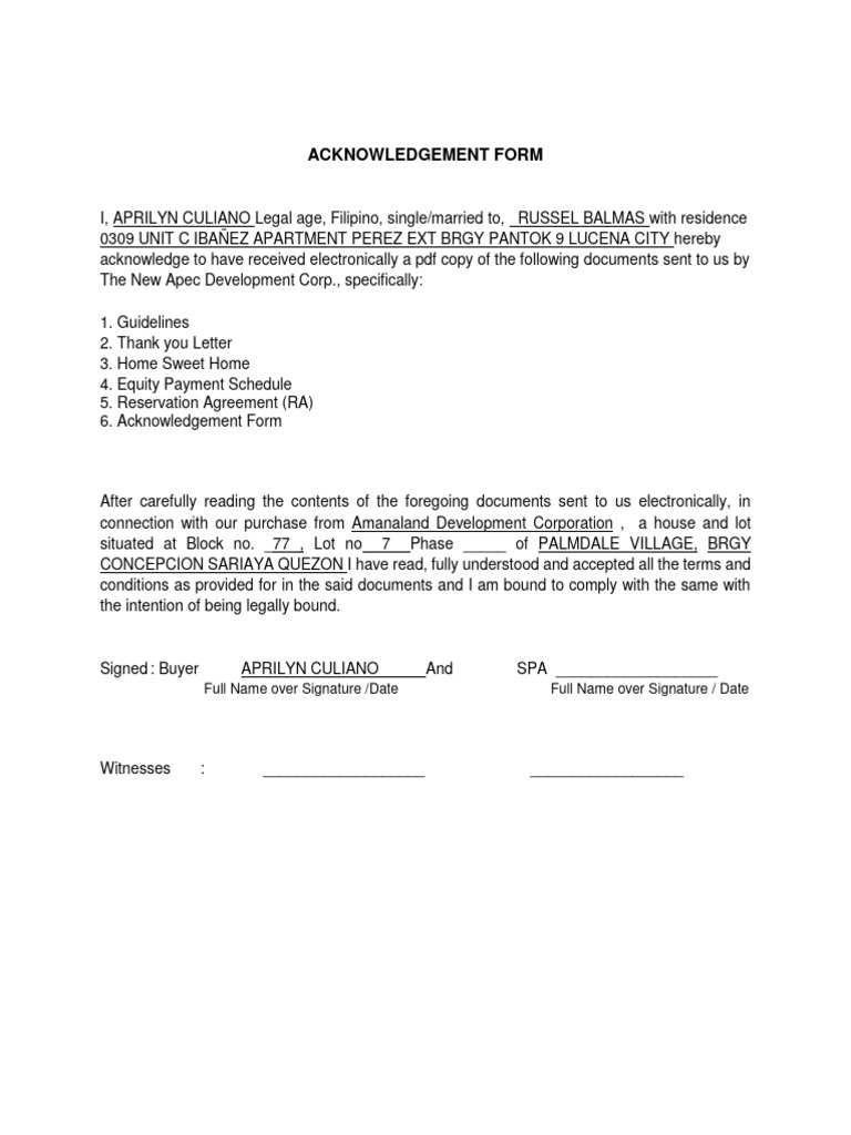 Acknowledgement Form for Property Purchase | PDF
