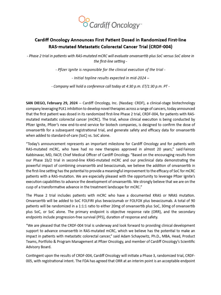 Crdf 004 First Patient Dosed Pr Vfinal Pdf Cancer Clinical Medicine