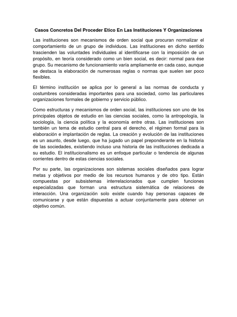Casos Concretos Del Proceder Etico en Las Instituciones Y