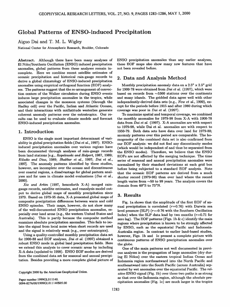 Dai a wigley tml 2000 global patterns of enso induced precipitation