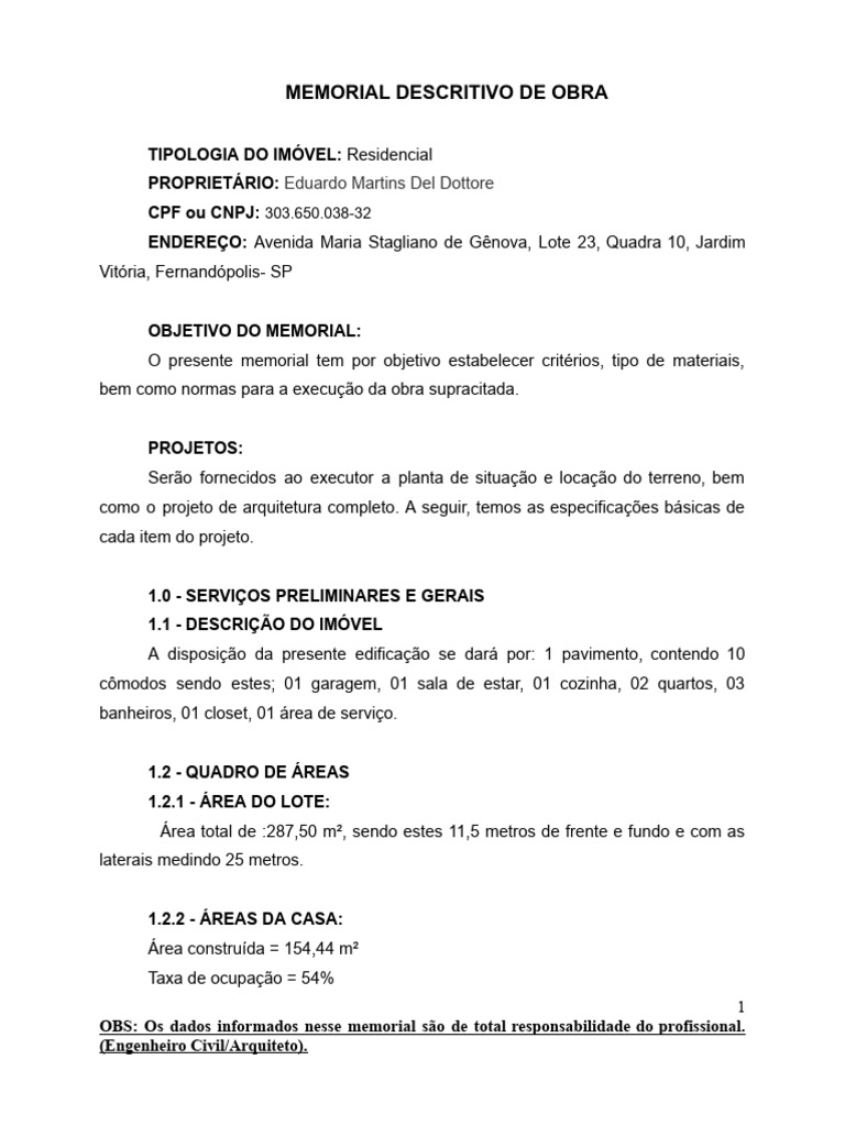 Memorial Descritivo de Obra Residencial | PDF | Argamassa (alvenaria ...