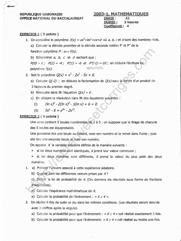 Corrigé Bac A1 Mathématiques 2003 | PDF | Fonction (Mathématiques ...