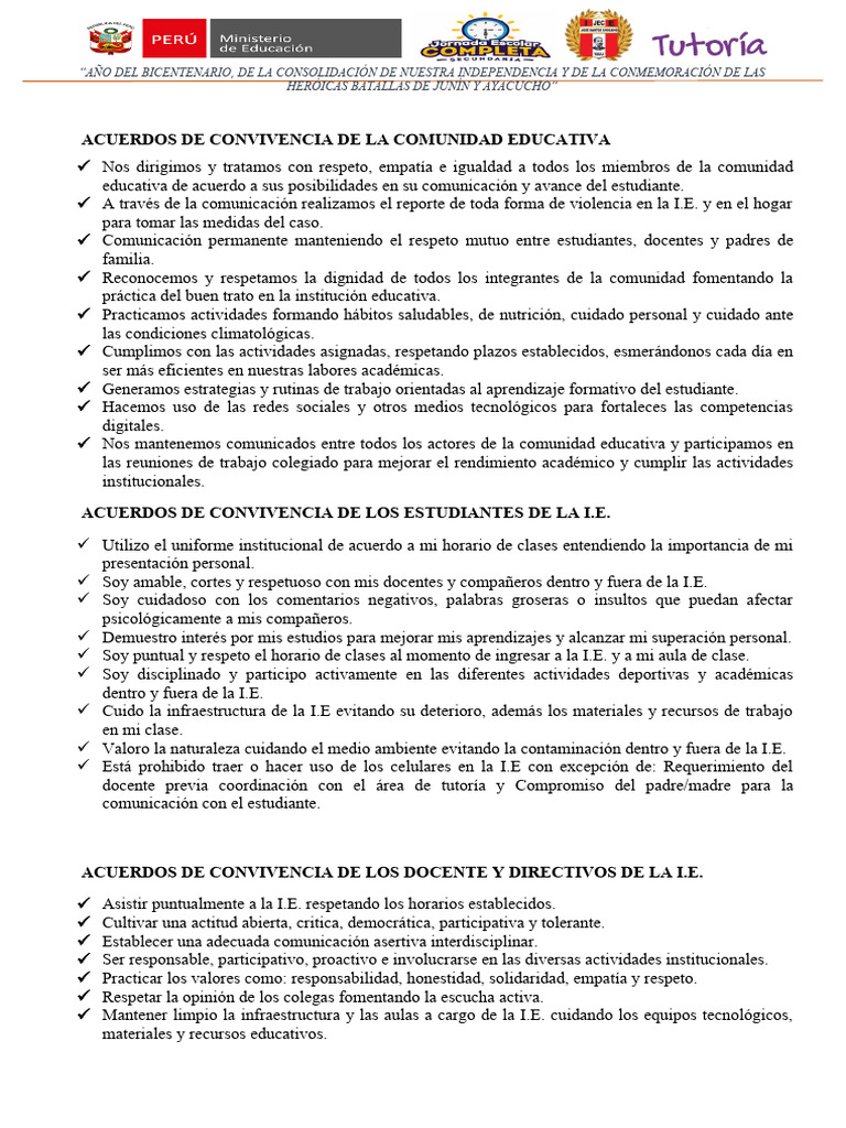 Acuerdos de Convivencia Escolar 2024 | PDF | Salón de clases | Maestros
