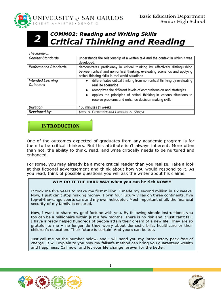 Module 2 - Critical Thinking and Reading | PDF | Thought | Critical ...