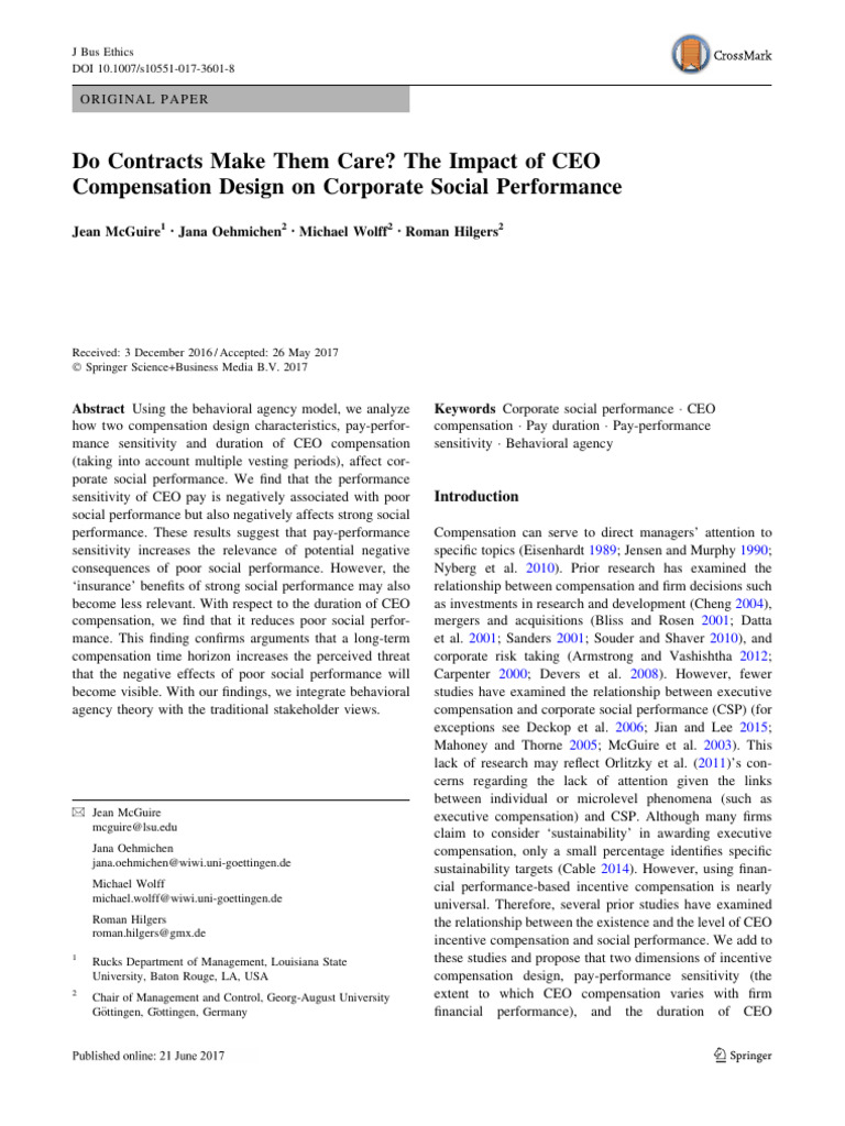 CEO Compensation and Corporate Social Performance | PDF | Risk | Option ...