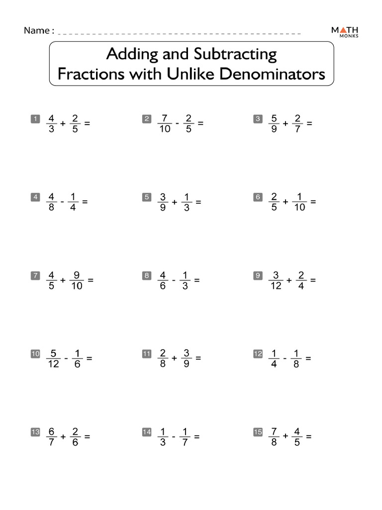 Adding and Subtracting Fractions With Unlike Denominators Worksheets | PDF