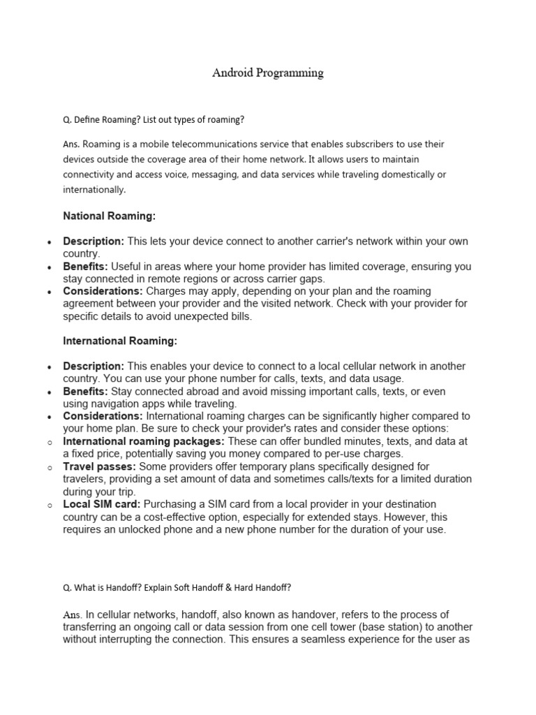 Android Programming Q. Define Roaming? List Out Types of Roaming? Ans