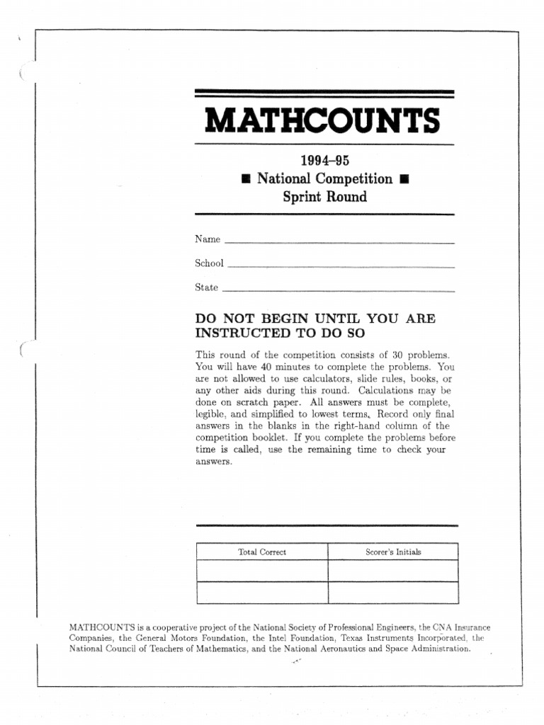 1994-95 Mathcounts Sprint Round Exam | PDF | Area | Speed