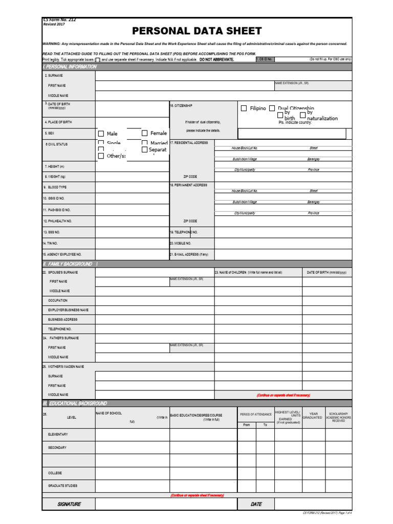 CS Form No. 212 Personal Data Sheet | PDF | Government | Justice