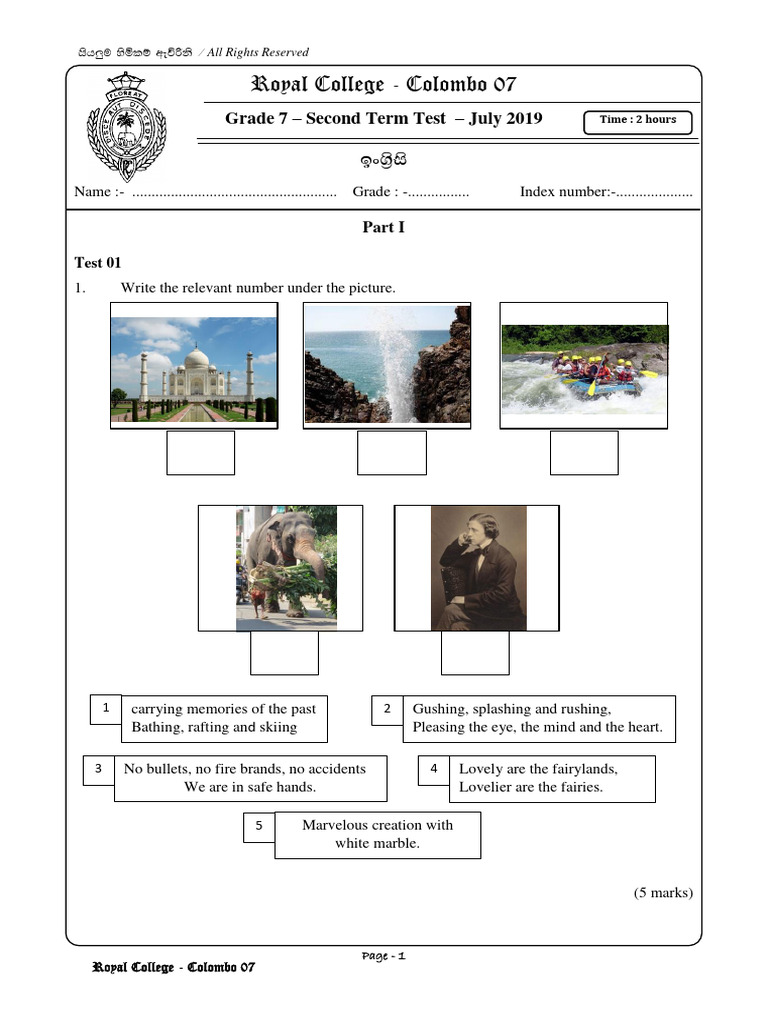 Grade 7 English Second Term Test 2019 | PDF