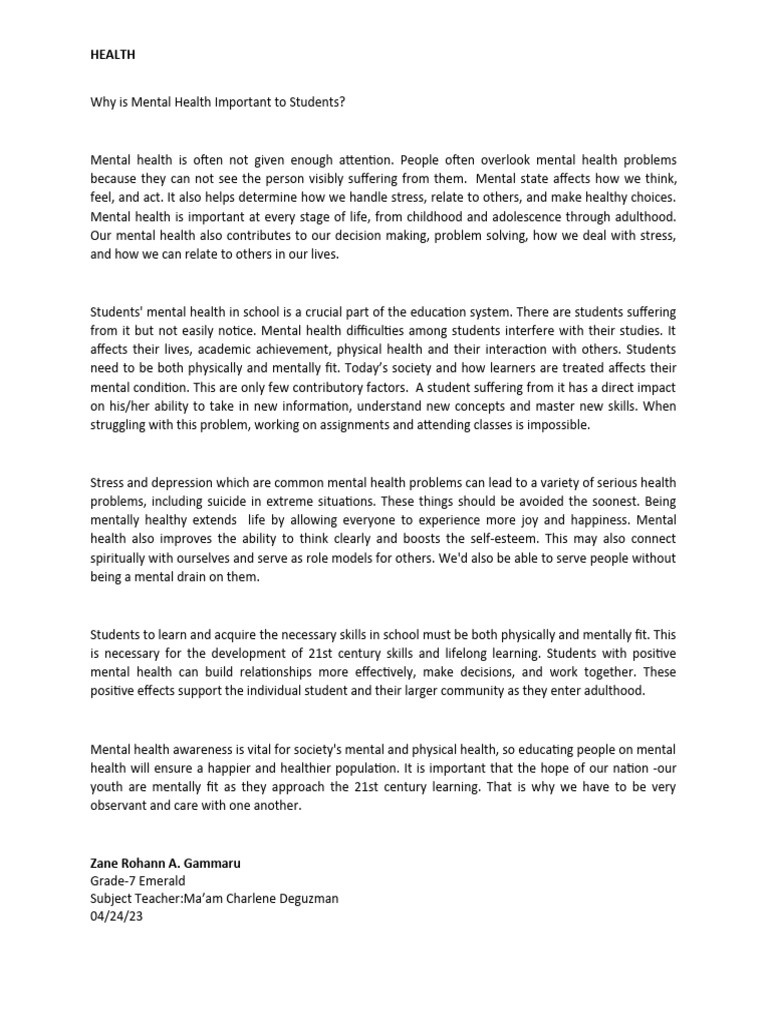 Importance of Mental Health for Students | PDF | Mental Health | Learning