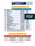 List of Holidays For The Year - 2024: Army Public School Bolarum