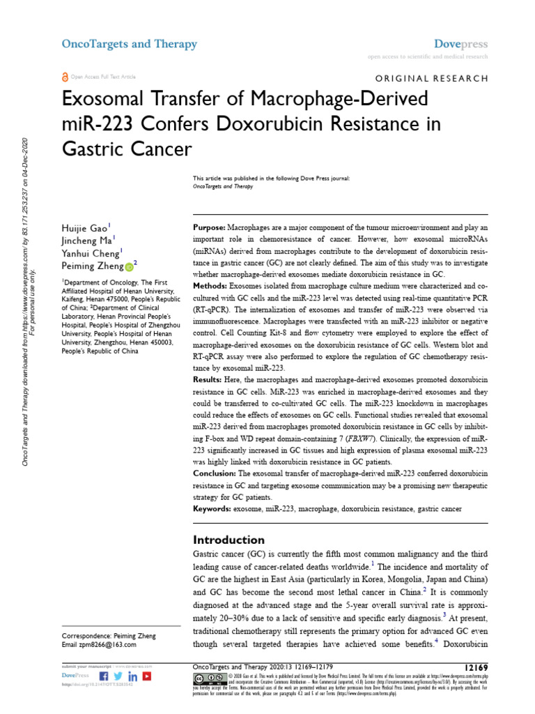 Exosomal miR-223 and Doxorubicin Resistance in Gastric Cancer | PDF ...