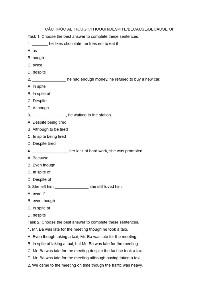 Cấu Trúc Although - Though - Despite - Because - Because of | PDF