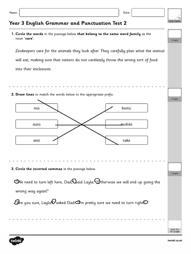 Year 3 English Grammar and Punctuation Test 3 | PDF