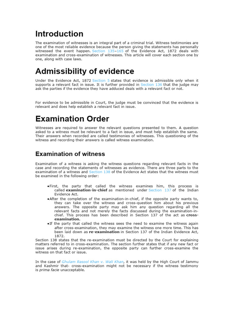 Witness Examination Under Indian Evidence Act Pdf Witness Testimony