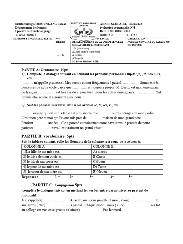 Évaluation de français Form 1 2022/2023 | PDF | Grammaire | Linguistique