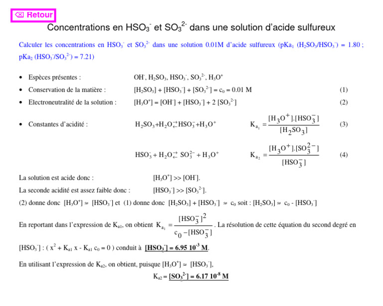 Concentrations en HSO3 et SO3 dans H2SO3 | PDF | Acide sulfurique ...