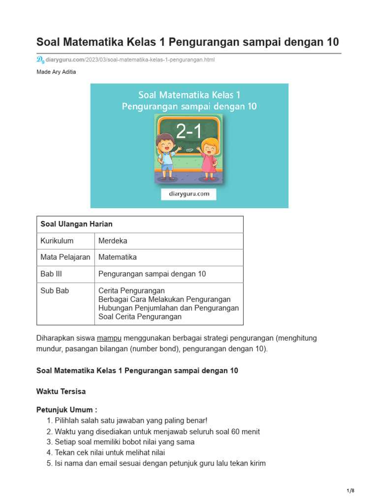Soal Matematika Kelas 1 Pengurangan Sampai Dengan 10 Pdf