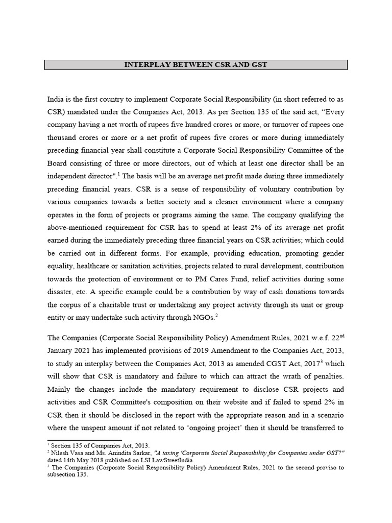 CSR Compliance and GST Implications in India | PDF | Corporate Social ...