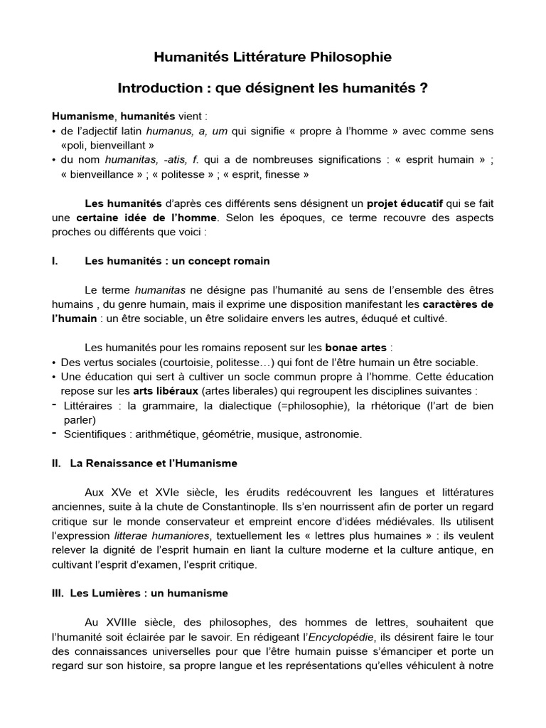 Définition et Évolution des Humanités | PDF | Classiques | Lettres ...