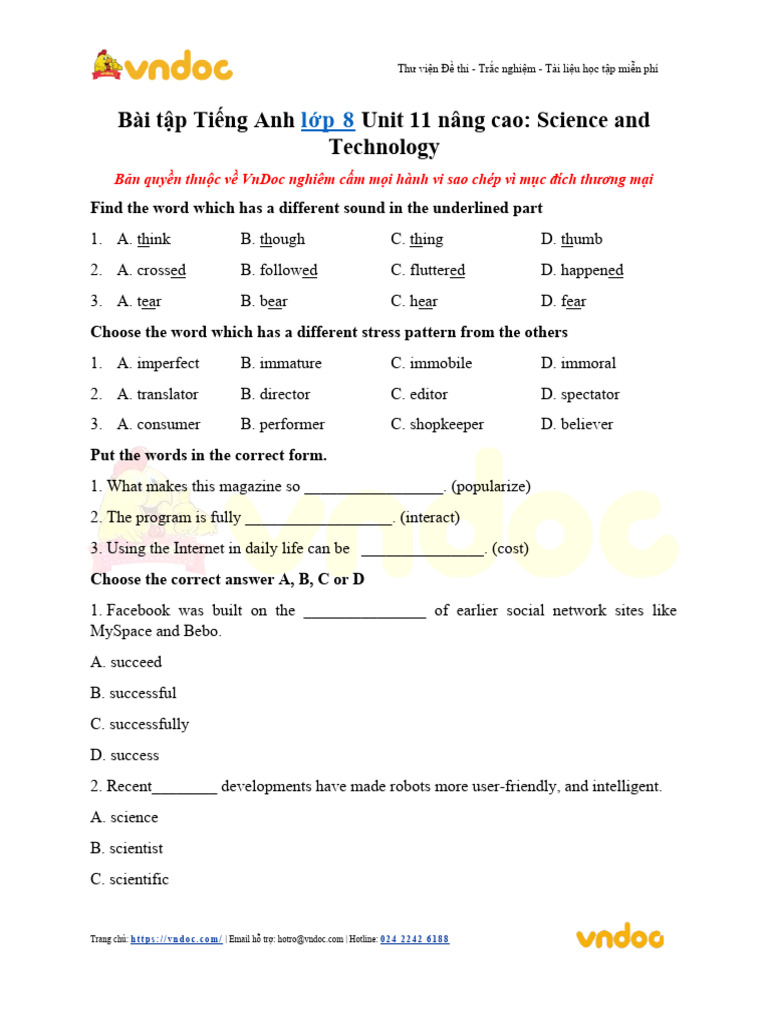 Bai Tap Tieng Anh Lop 8 Unit 11 Nang Cao Science and Technology | PDF