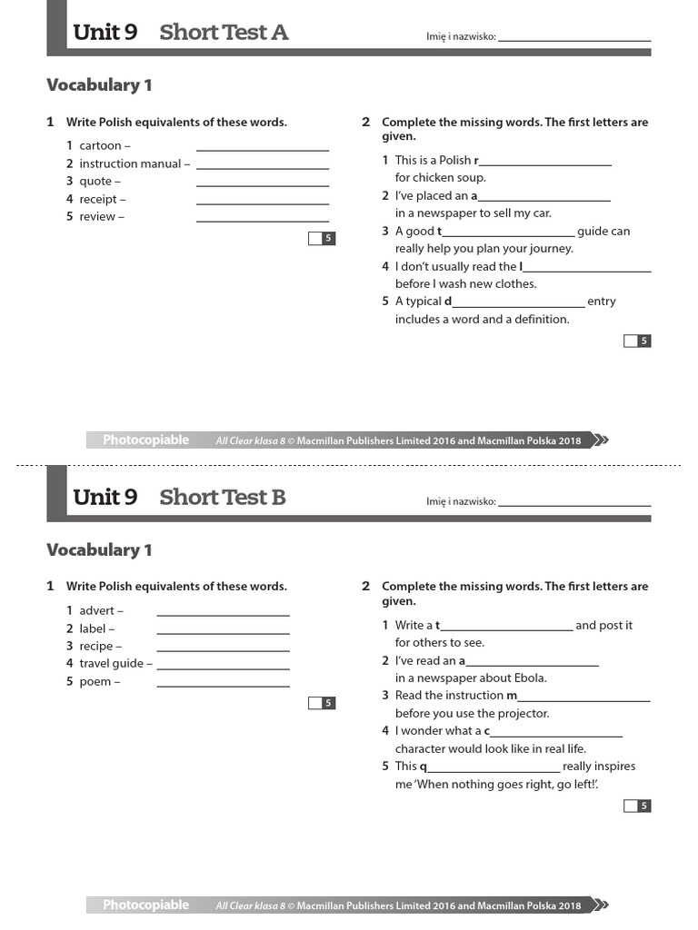 Unit 9 Short Test for Class 8 Students | PDF | Grammar | Linguistics
