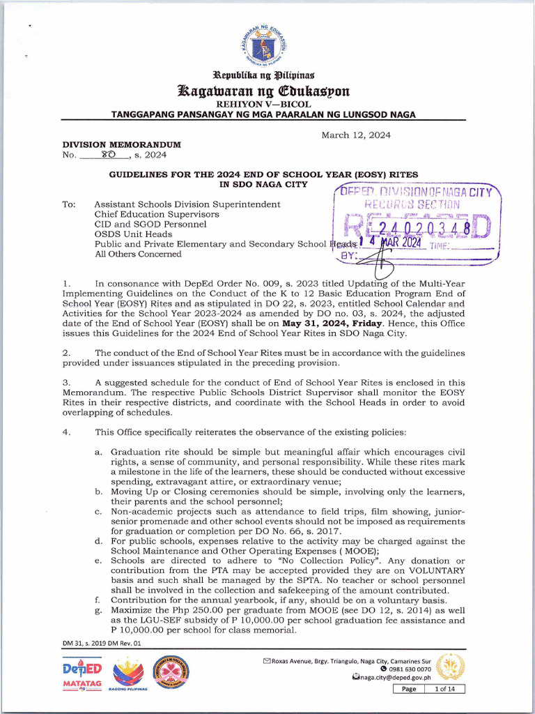 DM No. 80, s. 2024 Guidelines for the 2024 End of School Year (EOSY