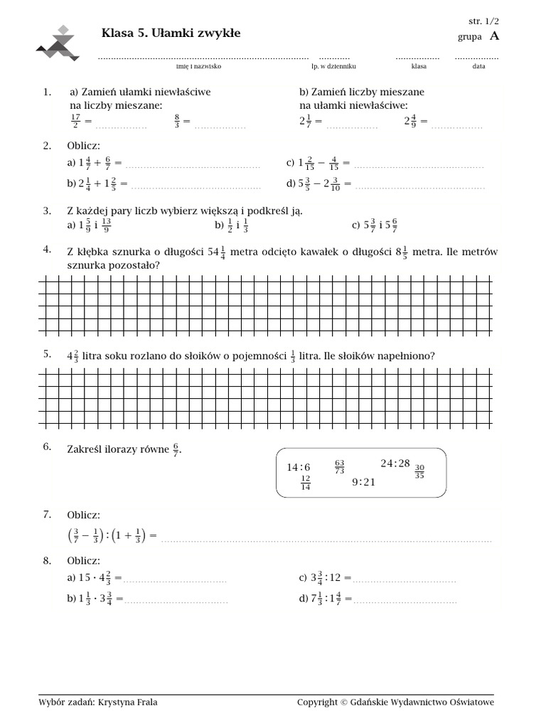 Sprawdzian Ulamki Zwykle Kl 5 Klasa 5. Ułamki Zwykłe | PDF