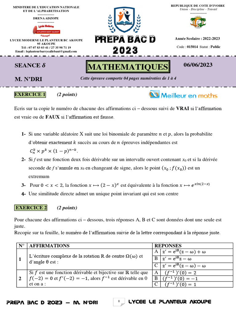 Prépa Bac D 2023 : Exercices de Mathématiques | PDF | Régression ...