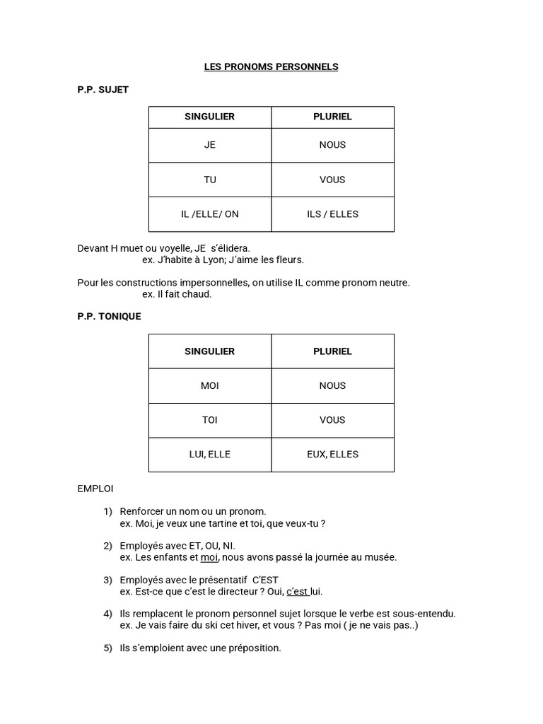 Les Pronoms Personnels | Télécharger gratuitement PDF | Pronom | Nombre ...