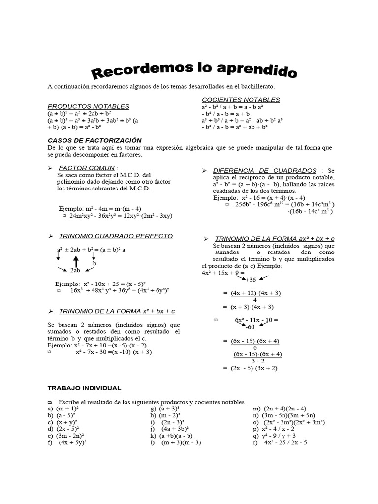 Taller Factorizacion Pdf Factorización Matemática Elemental