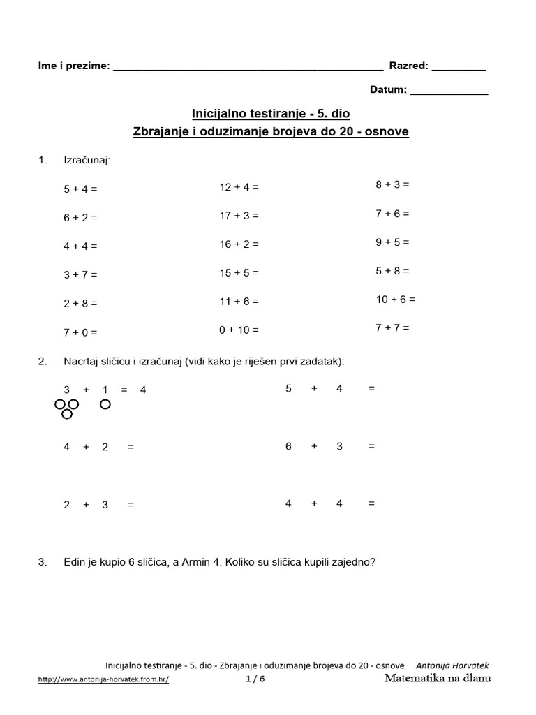 Inicijalno Testiranje 5 Zbrajanje I Oduzimanje Do 20 Osnove | PDF