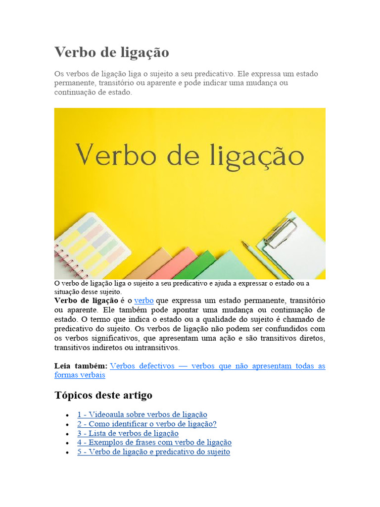 Verbo De Ligação – Plano de Aula: Verbos de ligação e seus efeitos de ...