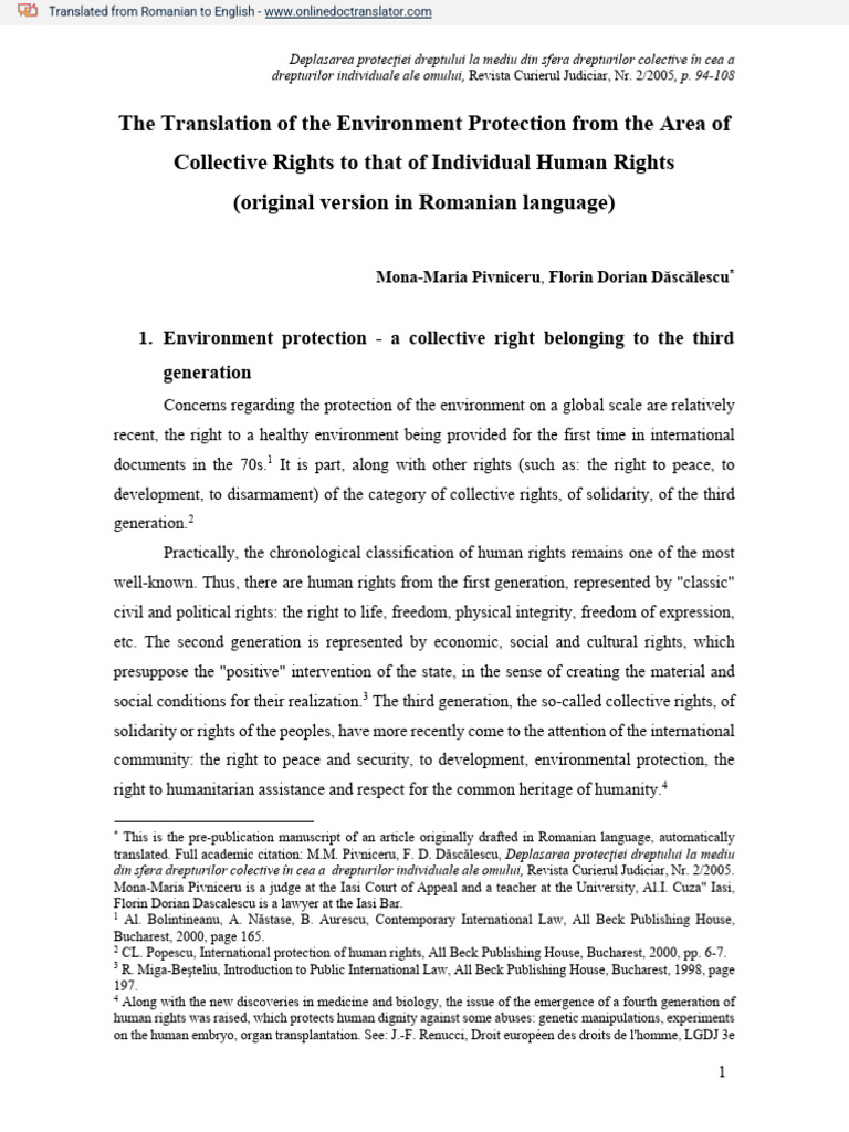 Environment Protection as Individual Right | PDF | European Convention ...