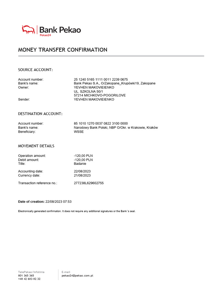 Money Transfer Confirmation: Source Account | PDF
