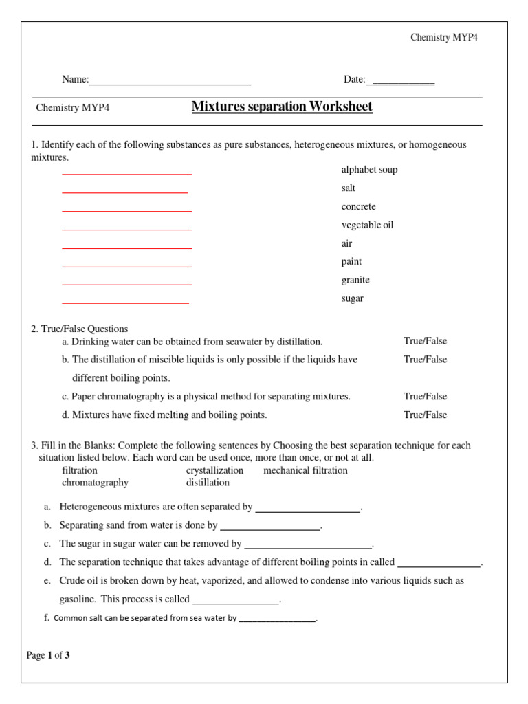 Mixtures Separation Techniques Worksheet | PDF | Distillation | Mixture