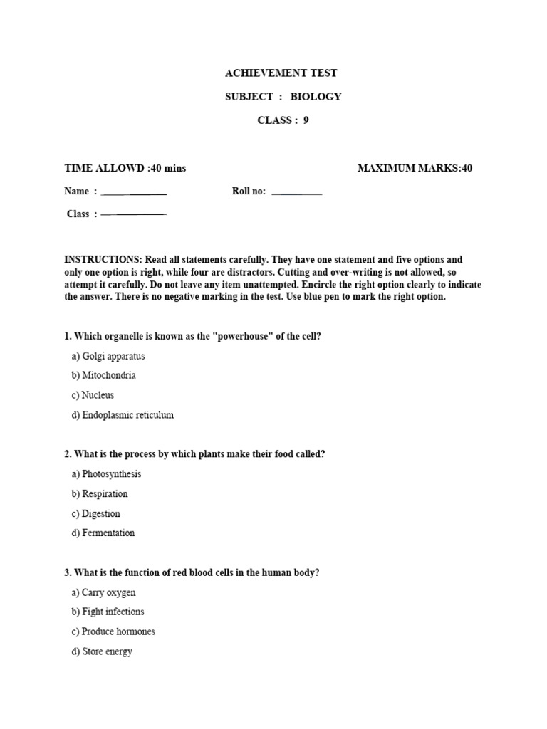 Biology Achievement Test for Class 9 | PDF | Cell (Biology) | Biology