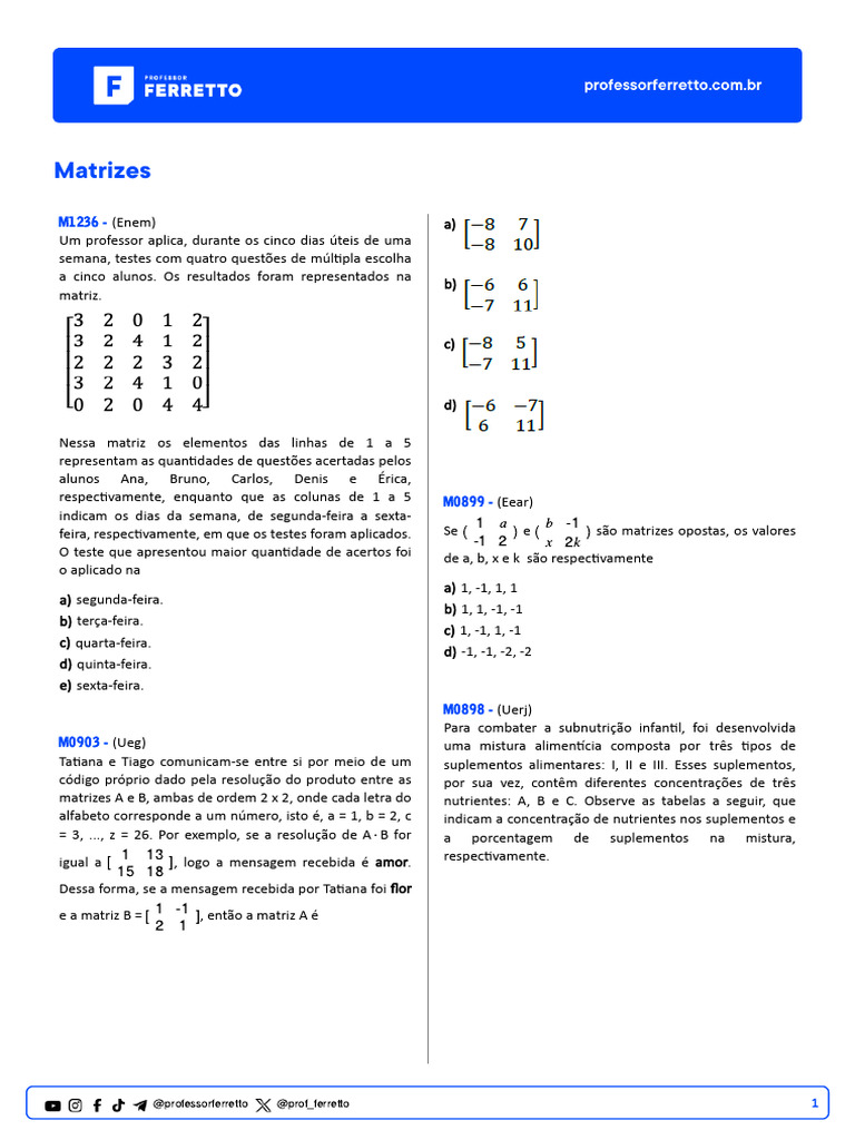 Exercícios sobre Matrizes para Ensino Médio | PDF | Matriz (Matemática ...