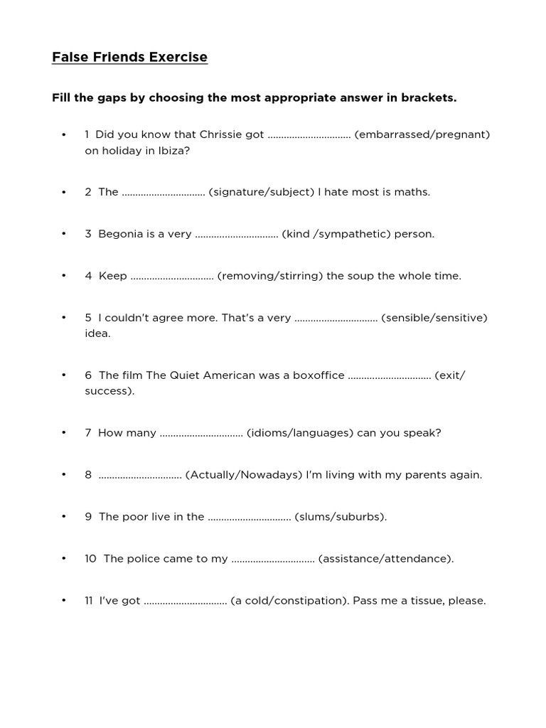 False Friends and Verb Usage Exercise | PDF