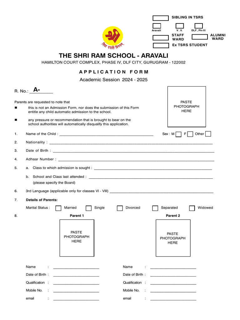 Shri Ram Aravali Admission Form 2024-25 | PDF | Justice | Crime & Violence