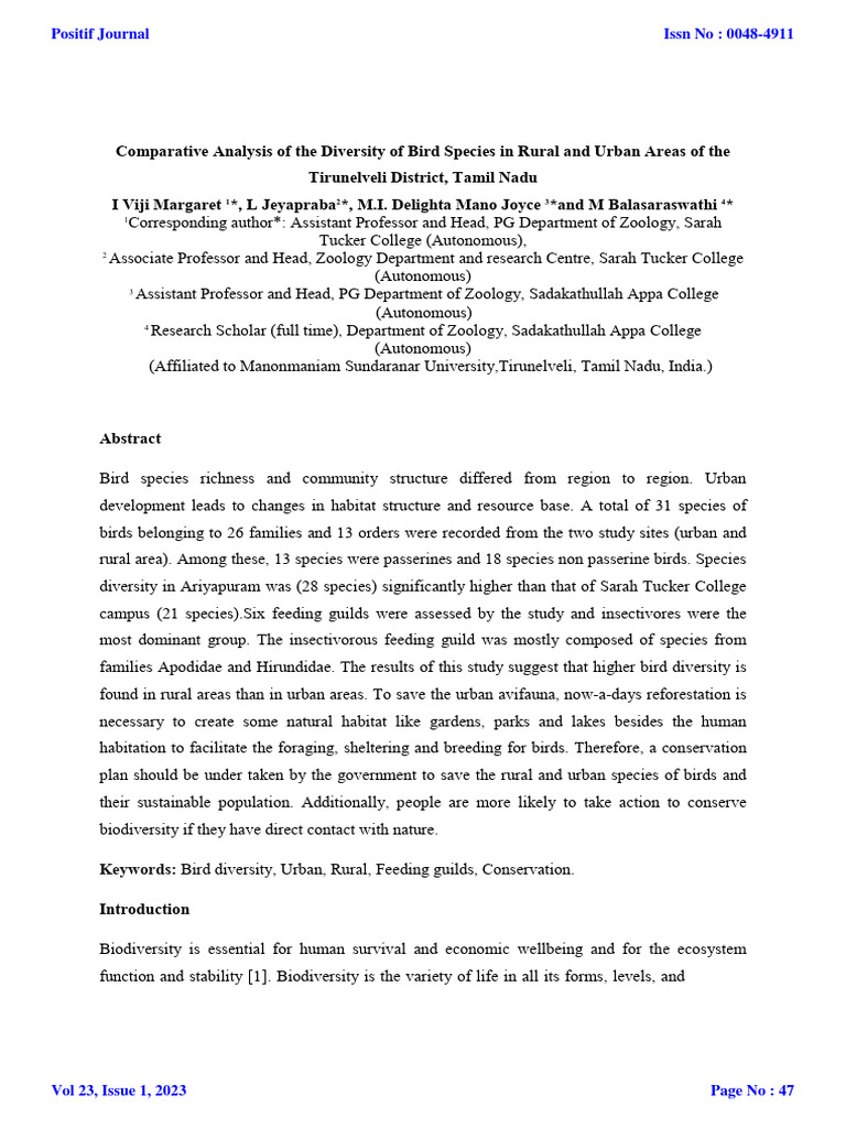 Comparative Analysis of The Diversity of Bird Species in Rural and ...