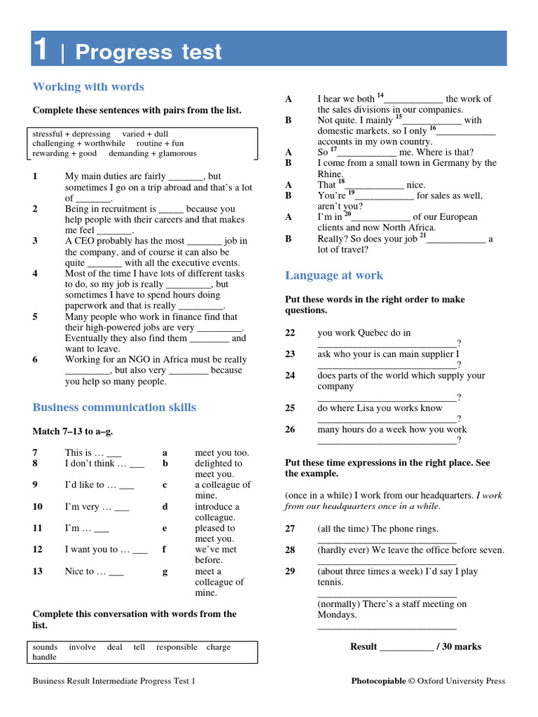 Business result intermediate progress tests pdf