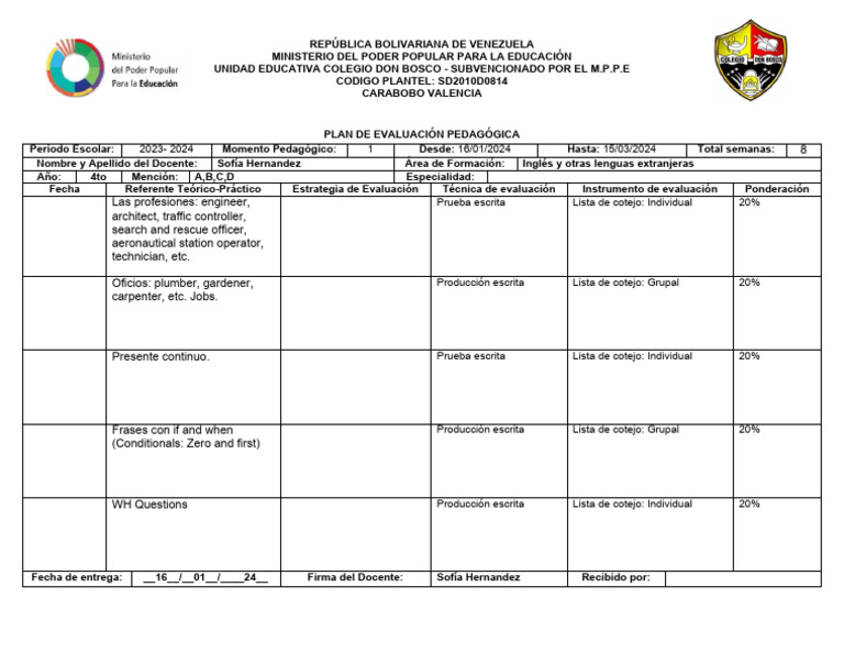 Formato de Plan de Evaluacion 2023-2024 4TO AÑO | PDF