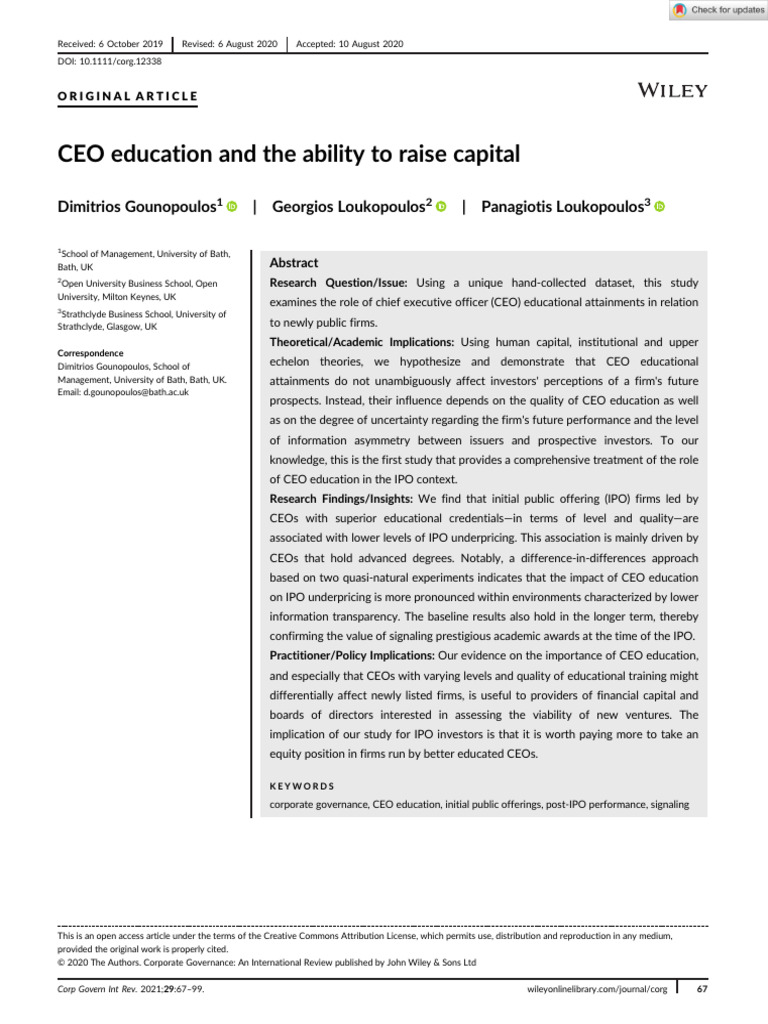 Corporate governance 2020 gounopoulos ceo education and the
