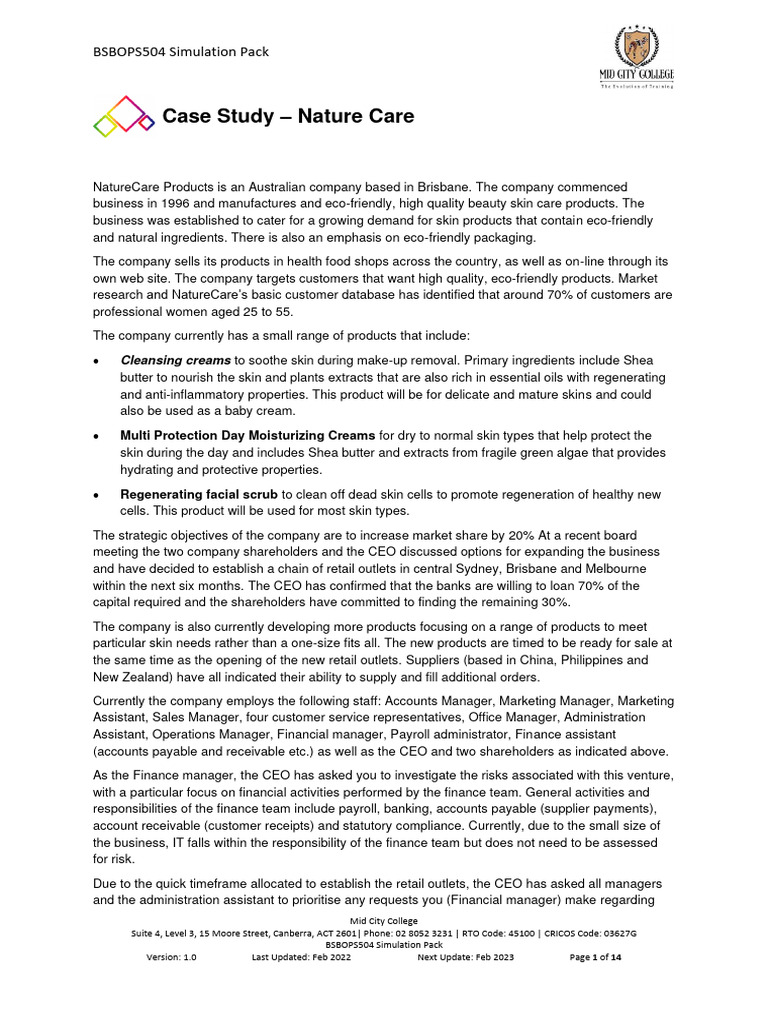 BSBOPS504 Stimulation Pack Case study.v1.0 PDF Risk Management Risk