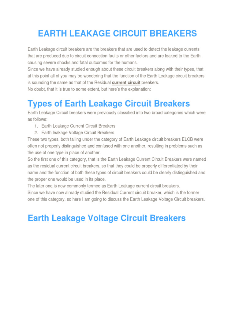 Earth Leakage Circuit Breakers | PDF | Electrical Wiring | Electrical