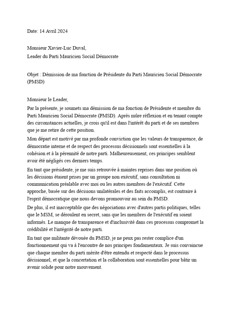 Démission de Véronique Leu-Govind au PMSD | PDF