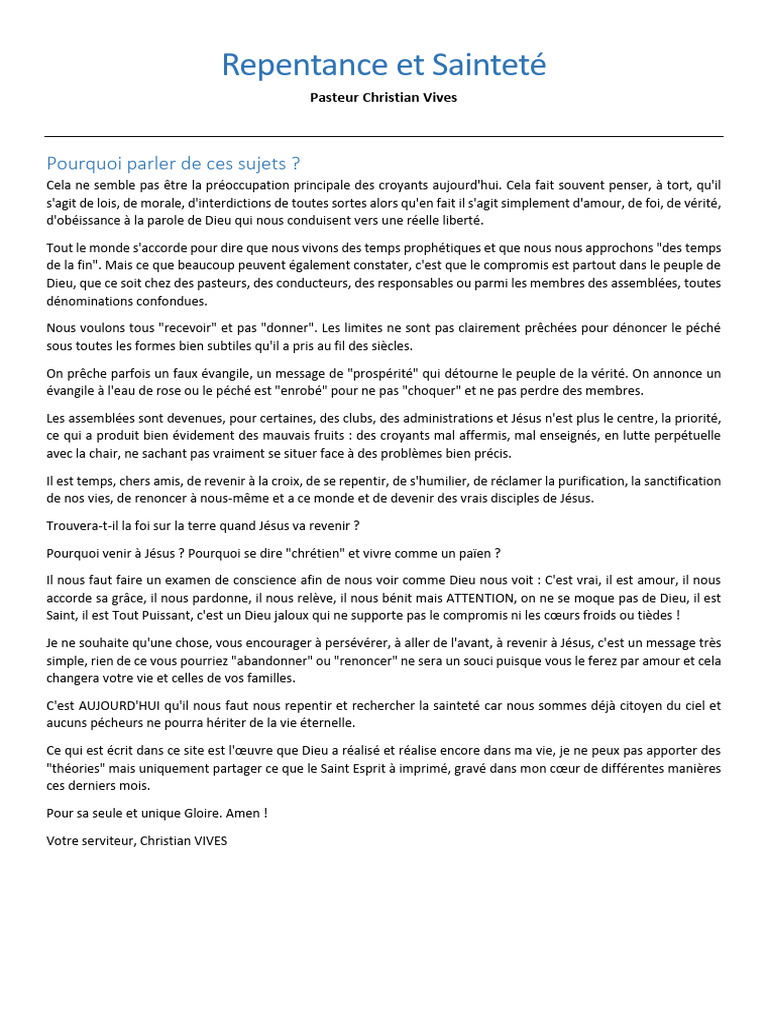 Repentance Et Saintete | PDF | Baptisme | Dieu